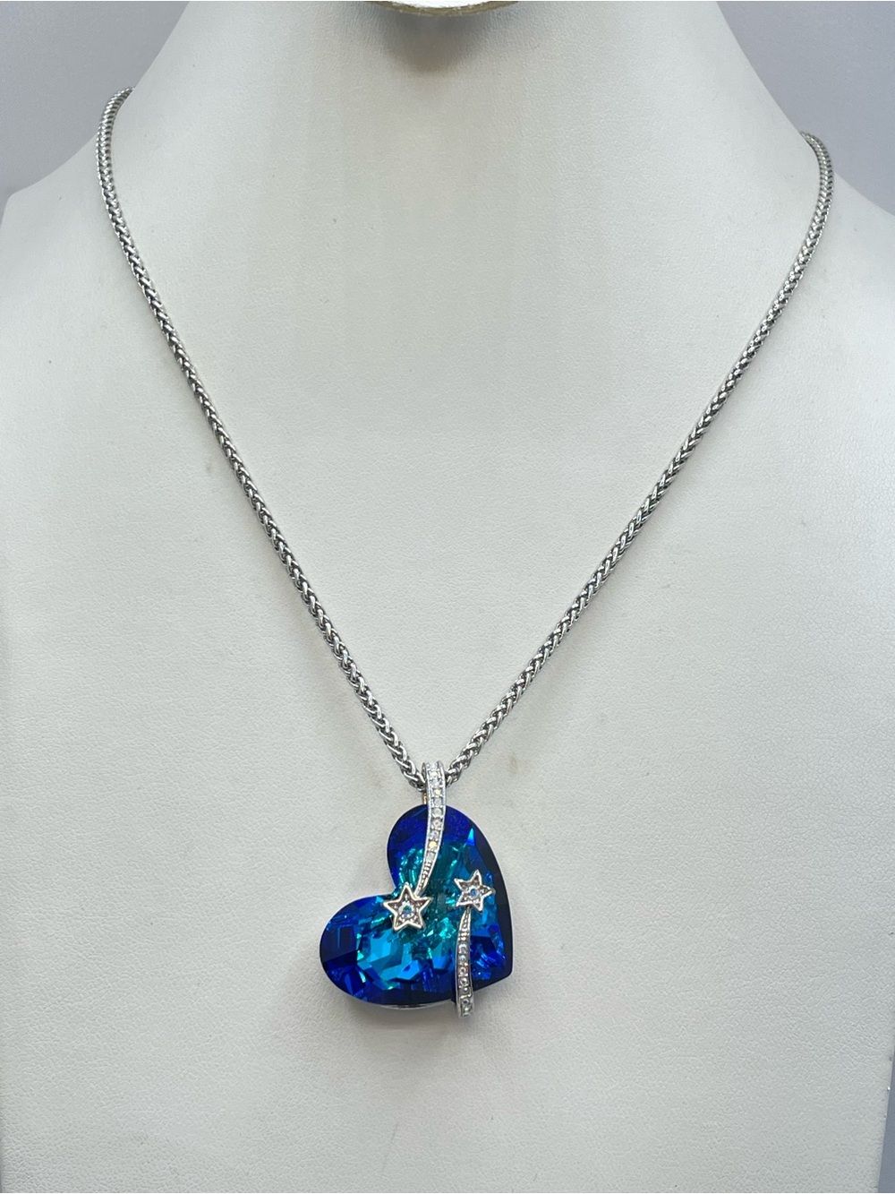 Blue Crystal Heart Pendant Necklace Celestial Star Silver Boho Statement